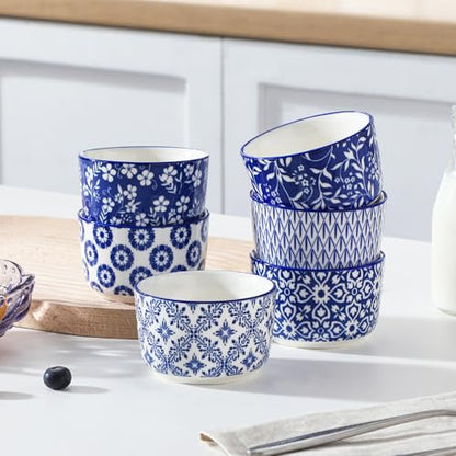 vancasso Selene 6 oz Ceramic Ramekins Set of 6, Microwave & Dishwasher Safe Souffle Cups for Baking, Dip & Sauce, Desserts, Handcrafted Blue Floral Bowls