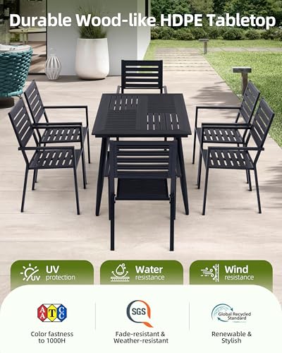 AZXZCS 10-Piece Outdoor Dining Set - Two 47.25" HDPE Patio Tables and 8 Stackable Armrest Chairs - All-Weather Rust-Proof Steel Frame for Garden, Deck(Black)