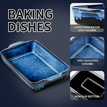 KOOV Bakeware Set, Ceramic Baking Dish, Rectangular Casserole Dish, Lasagna Pan, Baking Pans for Cooking, Cake Dinner, Kitchen, 9 x 13 Inches, Reactive Glaze 3-Piece (Nebula Blue)