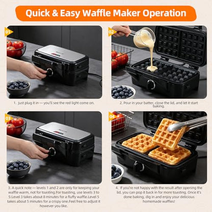 Waffle Maker with Removable Plates, 3-in-1 Sandwich maker and waffle and pancake maker, Nonstick Plates, 5-Level Browning Control & Ready Indicator Lights, Easy to Clean for Family Breakfast