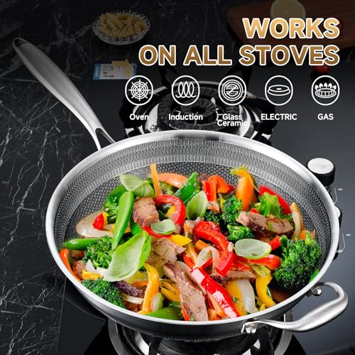 LOLYKITCH 13-inch Nonstick Wok & Stir-fry Pan with Lid, Induction Compatible, Tri-ply Stainless Steel Ceramic Coating Cookware, Perfect for Stir-frying, Sauté, and Simmering, Dishwasher and Oven Safe