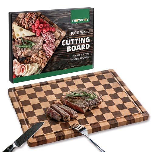 THETCHRY Cutting Boards for Kitchen, Checkered Cutting Board Upgraded, Acacia Wood Chopping Board with Juice Grooves & Handles, Large Butcher Block Serving Tray with Gift Box, 17"X12"X0.8"