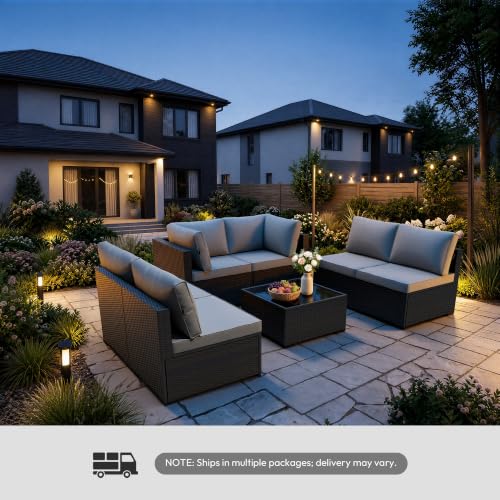 WWR Patio Furniture Set 7 Piece - All-Weather - Wicker Rattan Patio Outdoor Conversation Set, Modular Sectional Sofa for Backyard, Garden, Poolside, Balcony, Porch, Patio, Brown/Light Gray