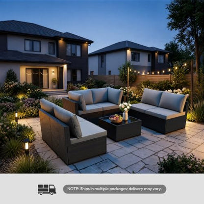 WWR Patio Furniture Set 7 Piece - All-Weather - Wicker Rattan Patio Outdoor Conversation Set, Modular Sectional Sofa for Backyard, Garden, Poolside, Balcony, Porch, Patio, Brown/Light Gray