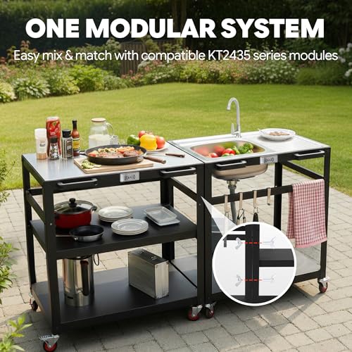 FEASTO 35-Inch Outdoor Grill Cart with Stainless Steel Sink, Rolling BBQ Prep Table with Faucet, Storage Shelves and Lockable Wheels for Patio, Backyard and Outdoor Cooking, Silver & Black