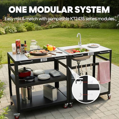 FEASTO 35-Inch Outdoor Grill Cart with Stainless Steel Sink, Rolling BBQ Prep Table with Faucet, Storage Shelves and Lockable Wheels for Patio, Backyard and Outdoor Cooking, Silver & Black