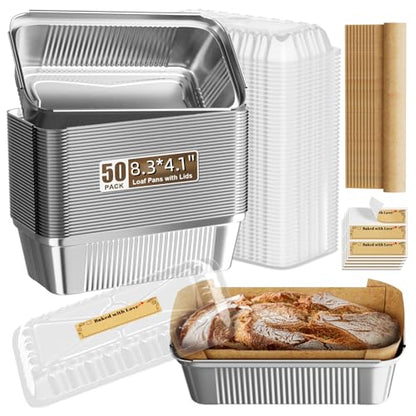 Gyreuni 50 Pack Aluminum Loaf Pans with Lids Stickers and Parchment Paper Sheets,2.4Lb Heavy Duty Aluminum Foil Premium Bread Tins - 8.3" X 4.1" X 2.2" Disposable Baking Pans