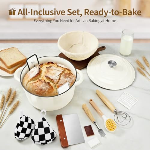 Blingco Enameled Cast Iron Dutch Oven with Lid -6.5 QT, incl. Sourdough Bread-Baking Supplies like Banneton Proofing Basket, Heavy Duty Cookware Bread-Oven for Baking, Stews, and Roasting, Cream White