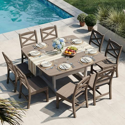 Polyhouz Outdoor Dining Set, HDPE 9-Piece Patio Table and Chairs Set, All-Weather Outdoor Dining Table Set for 8 with Umbrella Hole, Durable Patio Furniture Set with Chairs,White Brown