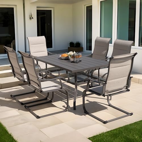 NUU GARDEN 7-Piece Outdoor Patio Dining Set - 6 Textilene Dining Chairs & 60.6" Table with Umbrella Hole, Weather-Resistant Furniture for Yard Porch Poolside Garden, Beige