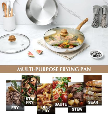 KOCH SYSTEME CS Stainless Steel Pan 10 Inch, Induction Tri-Ply Bottom Stainless Steel Frying Pan with Heat-resistant Bakelite Handle, 10 Inch Stainless Skillet with Lid for Cooking, Dishwasher Safe