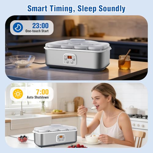 HOPERAN Yogurt Maker with Adjustable Time and Temp Control, Yogurt Maker Machine with Automatic Shut-Off & Constant Temper for Homemade Probiotic, Greek Yogurt, BPA-Free 48 oz 8 Jars (Silver)