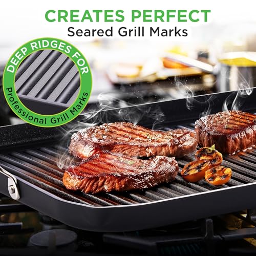 NutriChef 20"x13" Stove Top Grill Pan - Double Burner, Hard-Anodized Non stick Grill & Griddle Pan