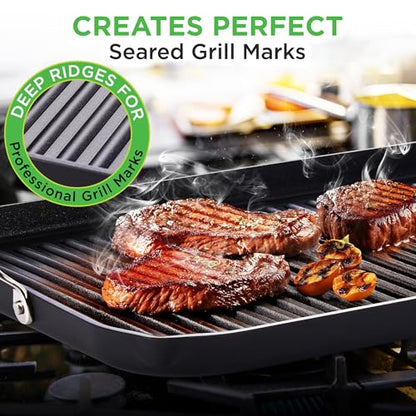 NutriChef 20"x13" Stove Top Grill Pan - Double Burner, Hard-Anodized Non stick Grill & Griddle Pan