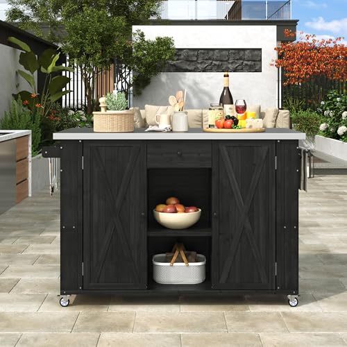 LUMISOL Outdoor Grill Cart with Stainless Steel Top, Farmhouse Kitchen Island with Storage, Fir Wood Rolling Bar Table with Spice & Towel Rack, and a Bottle Opener, Black