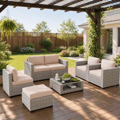 LOUVIXA 7 Piece Outdoor Patio Furniture Set, Rattan Chairs Glass Table Wicker Conversation Seating Sectional Sofa with Cushions (Grey White-Beige, 7Pcs-2 Layer Coffee Table)