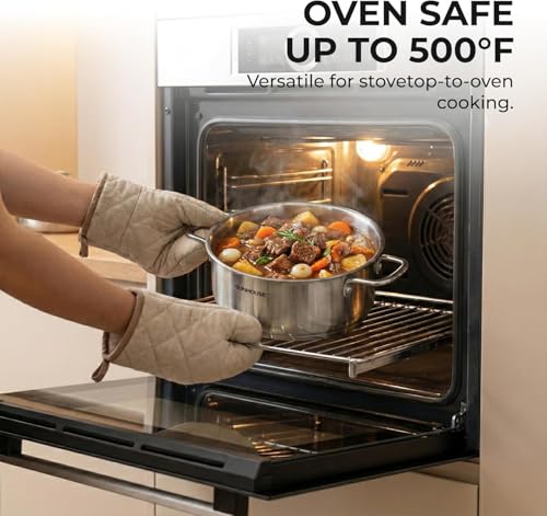 Sunhouse Stock Pot with Lid - 6.5 QT Large Pot for Cooking Pasta, Soup, Spaghetti - Ultra Thick 5-ply Base 18/8 Stainless Steel Pots for Canning, Boiling - Oven Safe & Induction Compatible Cookware