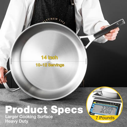 Yeksum Stainless Steel Pan,14 inch Frying Pan, Heavy Duty, Large Frying Pan, Fast & Even Heating, Up to 650°, Oven & Dishwasher Safe,Compatible with All Cooktops