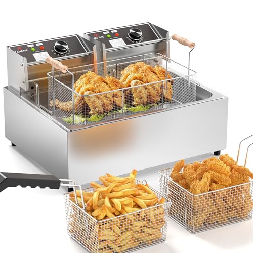 TANGME Commercial Deep Fryer, 3400w Electric Countertop Fryer with 3 Baskets, 22L/23.25Qt 1mm Thickened Stainless Steel Oil Fryer with Temperature Limiter for Restaurant, UL Certified
