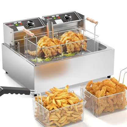 TANGME Commercial Deep Fryer, 3400w Electric Countertop Fryer with 3 Baskets, 22L/23.25Qt 1mm Thickened Stainless Steel Oil Fryer with Temperature Limiter for Restaurant, UL Certified