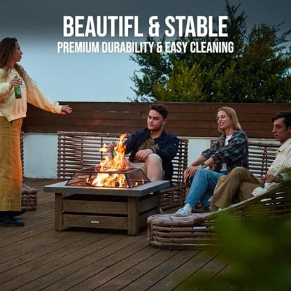 WILDMOS Firepits for Outside，Wood Burning Fire Pit with Wood-Grain Side Panels,Firepit for Outside with Mesh Cover & Fire Poker,Square Modern Outdoor Fireplace Fire Table. (Countryside)