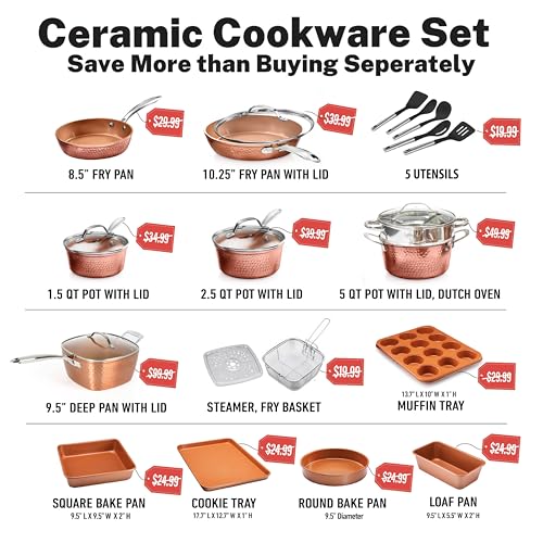 Gotham Steel Hammered 24 Pc Ceramic Cookware Set Nonstick, Induction Ceramic Pots and Pans Set Non Stick with Deep Square Pan Set & Bakeware Set, Non Toxic PFOA PFOS Free, Oven & Dishwasher Safe