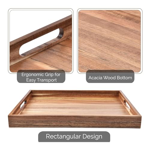 Acacia Wood Serving Tray with Handles Set of 2 – Decorative Serving Trays Platter for Breakfast in Bed, Lunch, Dinner, Patio, Ottoman, Coffee Table, BBQ, Party –Great for Lap &Couch