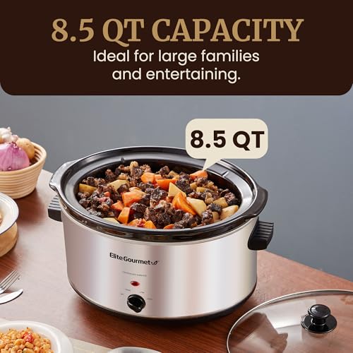 Elite Gourmet Stainless Steel Slow Cooker, Dishwasher-Safe with Tempered Glass Lid, Cool-Touch Handles, Removable Stoneware Pot, 8.5 Quart,MST-900V