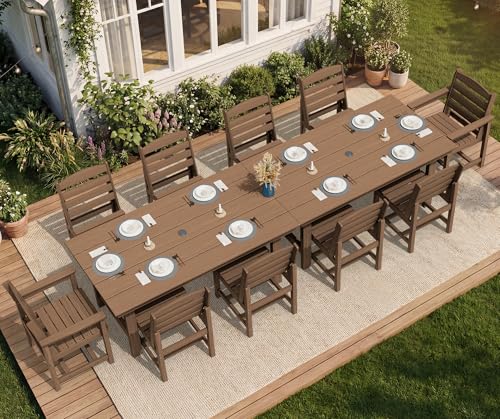 SERWALL Patio Dining Sets for 10 Person, HDPE Dining Set with 2 Tables, 8 Armless Chairs and 2 Armed Dining Chairs, Brown