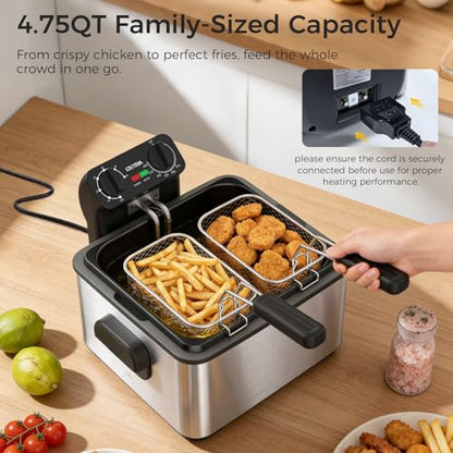 OSTBA Electric Deep Fryer with 3 Baskets, 1700W Stainless Steel Oil Fryer, 4.75QT Countertop Fryer with Adjustable Temperature, Viewing Window, Odor Filter & Removable Oil Container