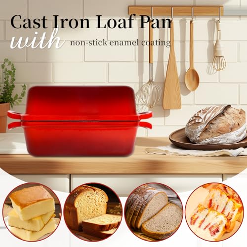 FUNKYLEE Enameled Cast Iron Bread Pan with Lid, 2-in-1 Loaf Pan for Baking Bread 8.5x4.5, Professional Sourdough Bread Pan for Homemade Bread, Set of 2, Red
