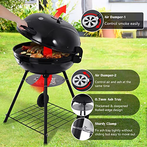 HaSteeL 22-Inch Kettle Charcoal Grill, Portable BBQ Gill with Wheels for Outdoors Barbecue, Camping, Picnic, Backyard, Tailgating, Beach, Storage Rack & 355 SQ.In Cooking Area, Black Porcelain Enamel