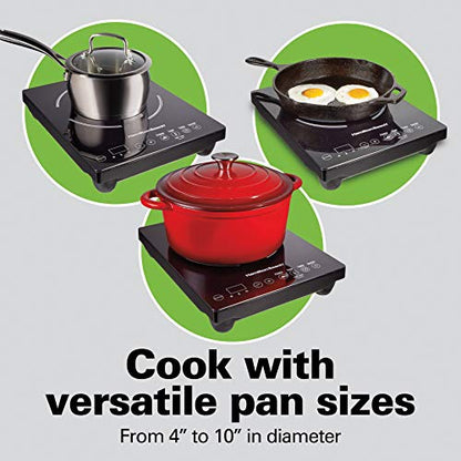 Hamilton Beach Portable Single Induction Cooktop Countertop Burner Hot Plate with Fast Heating Mode, 1800 Watts, 10 Temperature Settings up to 450F, Black (34104)