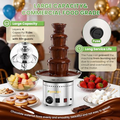 Flyseago Commercial Chocolate Fountain| 4 Tiers 11 lb Capacity| Large Hot Chocolate Fondue Tower| Stainless Steel Chocolate Melting Heating Machine for Nacho Cheese, Liqueurs, Party, Wedding