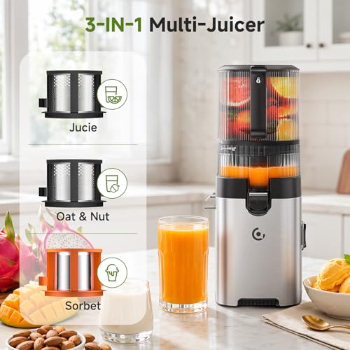 Cold Press Juicer, 6.5" Wide Feed Chute Slow Masticating Juicer Extractor for Whole Fruits & Vegetables, High Juice Yield, Quiet Motor, Easy Clean for Plant-Based Diet