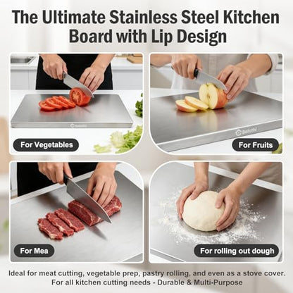Stainless Steel Cutting Board with Lip, Large Metal Chopping Board with Counter Edge, Dishwasher Safe Non-Slip Pastry Board for Meat Vegetables & Baking(18x14)