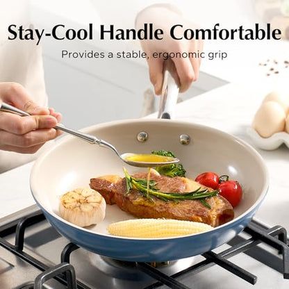 Redchef Nonstick Frying Pan Skillet, Ceramic Non-Stick Saute Pans, 11 inch Cooking Fry Pan with Stay Cool Handle, All Stovetops (Gas, Electric & Induction), Dishwasher/Oven Safe, PFAS-Free (Blue)