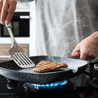 Moss & Stone Square Grill Pan for Indoor Cooking, 11-Inch Nonstick Griddle Skillet with Removable Handle, RV Die-Cast Aluminum Stove Top Grill Pan for Meats & Vegetables, Detachable Handle