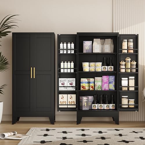 GAIOUS Metal Kitchen Pantry Cabinet, Storage Cabinets with 2 Door and 3 Adjustable Shelves, Black Freestanding Food Storage Cabinet, Steel Cupboard for Kitchen Dinning Room