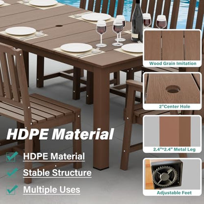 Tioline 9-Piece Patio Dining Set, Outdoor Dining Set for 8, HDPE All-Weather Outdoor Furniture with 75.20” Umbrella Hole Table, 2 Armchairs & 6 Armless Chairs, Brown