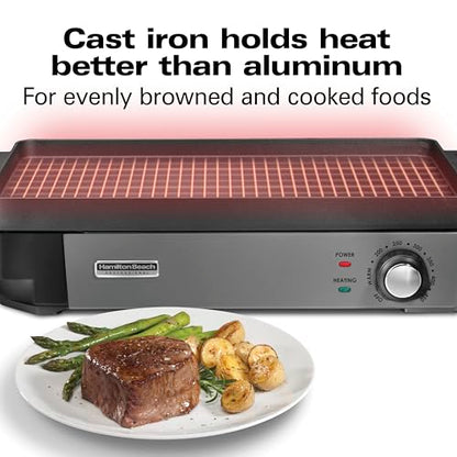 Hamilton Beach Professional Cast Iron Indoor Electric Grill & Griddle, 10" x 16" Preseasoned Cooking Surface, Adjustable Temperature up to 450° F, Black (38560)
