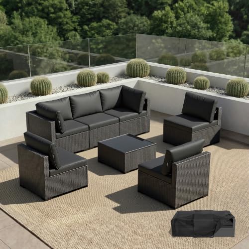 LAWNOOK Patio Furniture Set - All-Weather - 7 Piece Patio Outdoor Conversation Set, Modular Wicker Rattan Sectional Sofa for Backyard, Garden, Poolside, Balcony, Porch, Patio,Black/Black