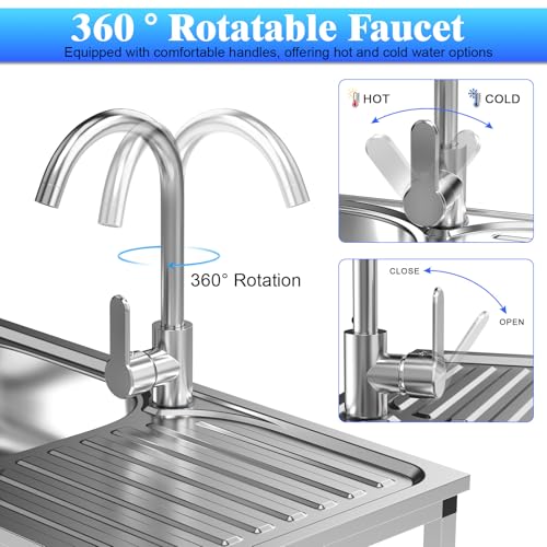 Stainless Steel Utility Sink Set, Freestanding Single Bowl Kitchen Sink, Outdoor Sink Station with Hose Hook Up, Storage Shelves for Garage, Restaurant, Kitchen, Laundry Room (Stainless Steel)