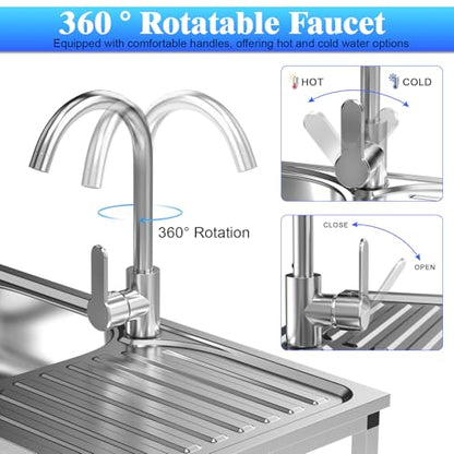 Stainless Steel Utility Sink Set, Freestanding Single Bowl Kitchen Sink, Outdoor Sink Station with Hose Hook Up, Storage Shelves for Garage, Restaurant, Kitchen, Laundry Room (Stainless Steel)