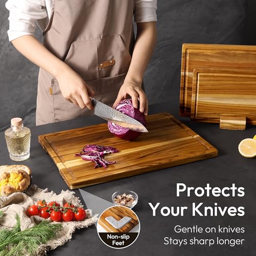 Bellsal 3 Pack Teak Wood Cutting Board Set for Kitchen Charcuterie Board Serving Heavy Duty Non Toxic Slip Over Sink Solid Thick Haus Wooden Chopping Board Large Big Small Meat Kitchen Essential Gift