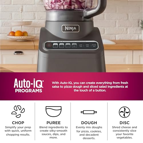 Ninja Food Processor, Professional Plus, 1000 Peak Watts, 4 Functions for Chopping, Slicing, Purees & Dough with 9-Cup Processor Bowl, 3 Blades, Food Chute & Pusher, Grey, BN601