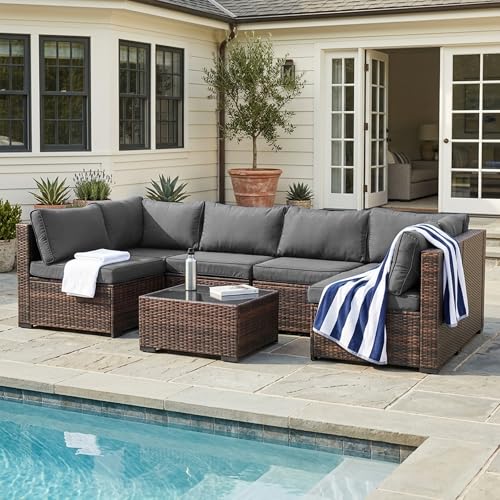 Decksplore 7 Piece Patio Furniture Set, Modular All-Weather PE Rattan Wicker Outdoor Sectional Sofa Conversation Set with Tempered Glass Coffee Table, 4.3" Thick Cushions & Furniture Cover, Grey