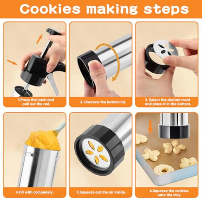 Stainless Steel Cookie Press for Baking,Cookie Maker,Cookie Press Gun Kit with 13 Cookie Discs and 8 Piping Tips for DIY Cake Maker Decorating Baking Supplies