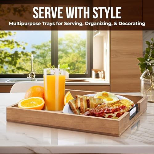 Flexzion Rustic Wooden Serving Trays Set of 3 with Handles, Stackable Fir Wood Ottoman Tray for Coffee Table, Breakfast in Bed, Charcuterie, Snacks, Drinks, Food Serving & Home Decor, Brown
