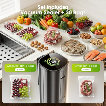 Elxis Vacuum Sealer, Portable handheld Vacuum Sealer + 30 Reusable Vacuum Bags, Portable Food Sealer, With LED pressure display, 2-Speed Pressure Control (60/80 Kpa)